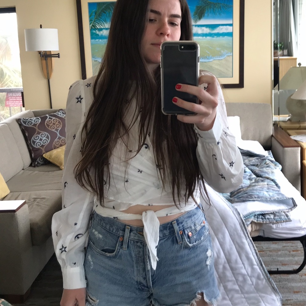 Backless blouse with tiny embroidery stars & moons